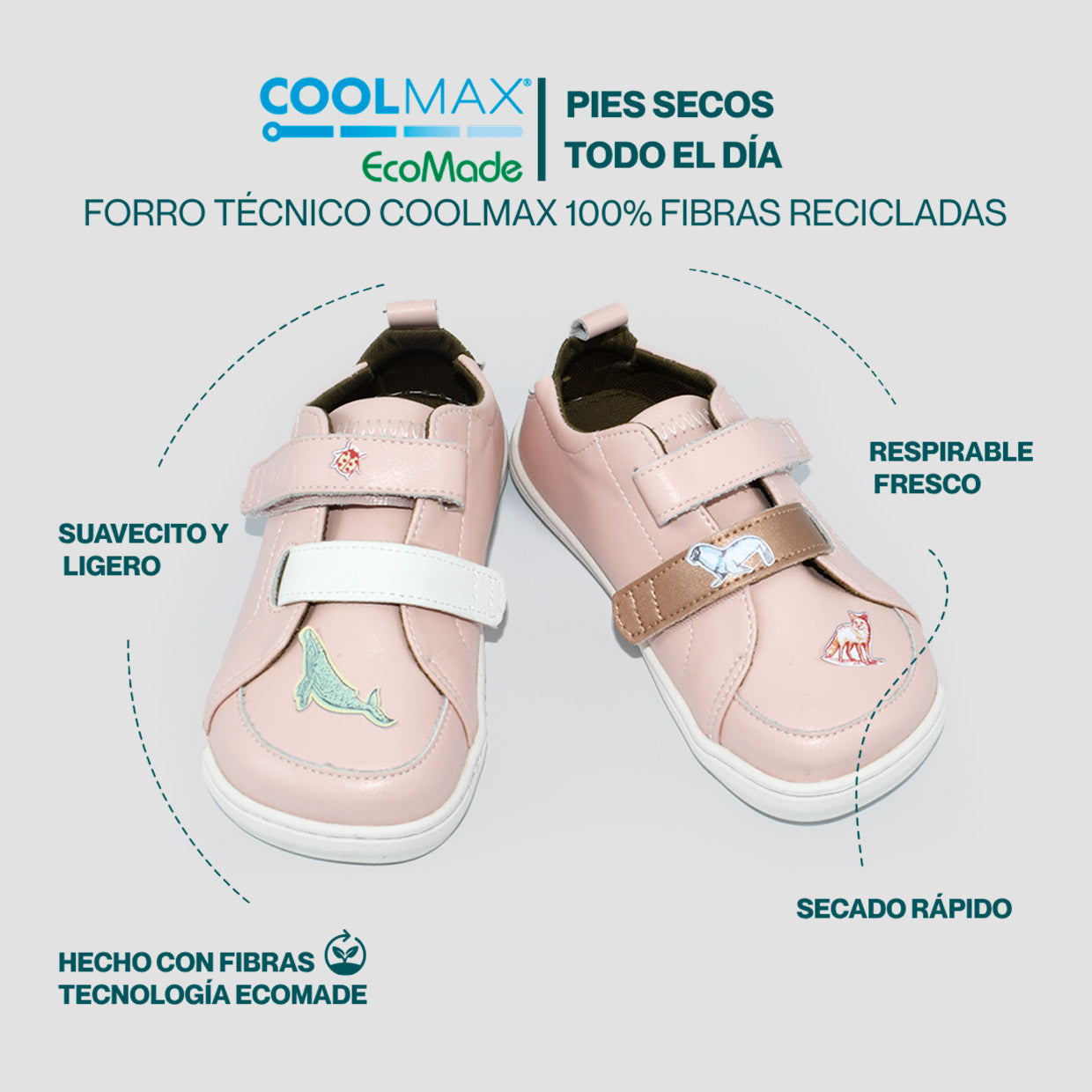 PUMI |  ZAPATILLA BAREFOOT ROSA KIDS (velcros extra Rosa metal y stickers 🎁)