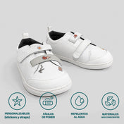 PUMO SCHOOL | ZAPATILLA BAREFOOT BLANCA KIDS ♻️  PUNTERA PLASTICA REFORZADA (velcro extra gris y stickers de 🎁)