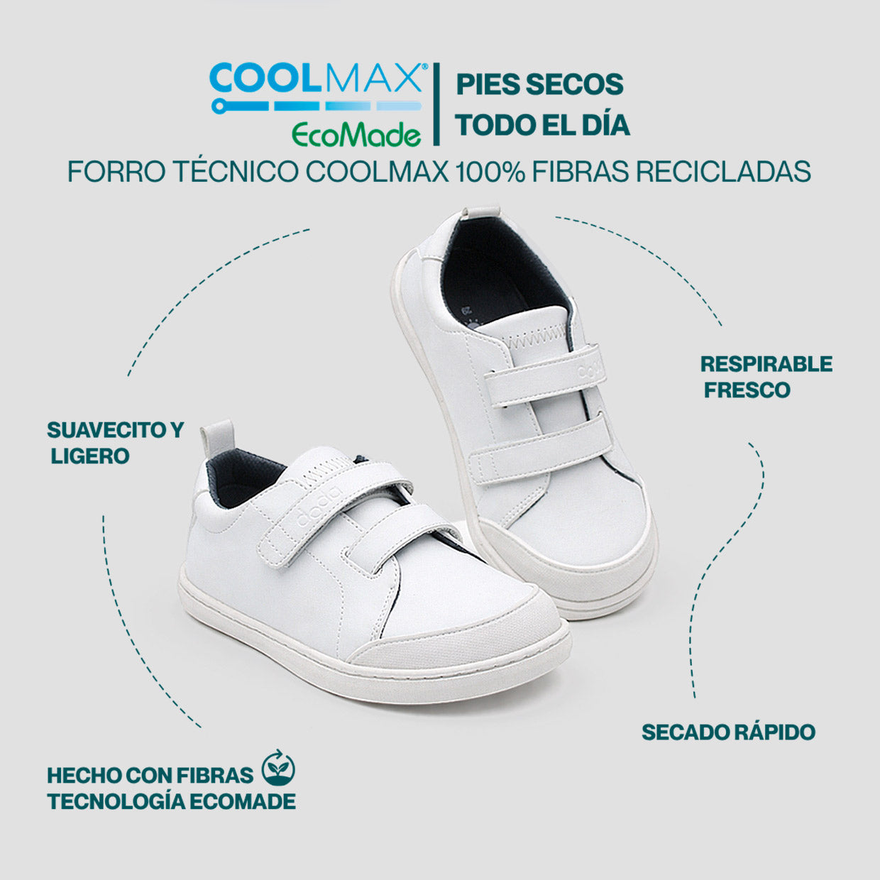 PUMO SCHOOL | ZAPATILLA BAREFOOT BLANCA KIDS ♻️  PUNTERA PLASTICA REFORZADA (velcro extra gris y stickers de 🎁)
