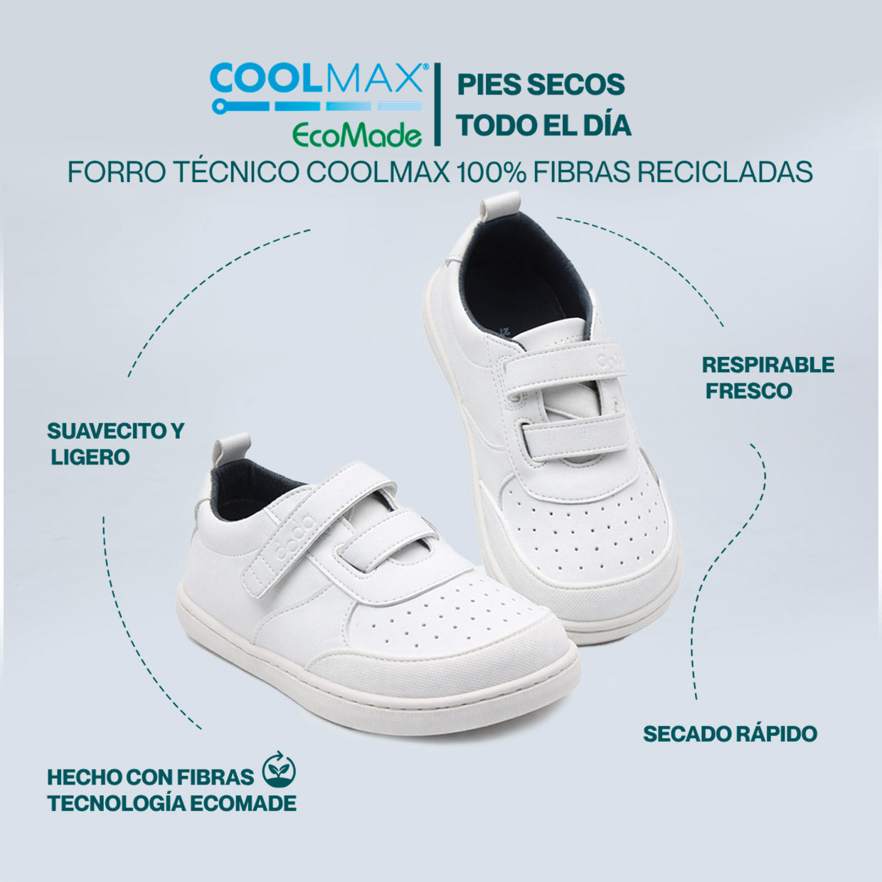 SUKI SCHOOL | ZAPATILLA BAREFOOT BLANCA KIDS ♻️  PUNTERA PLÁSTICA REFORZADA (velcro extra gris y stickers de 🎁)